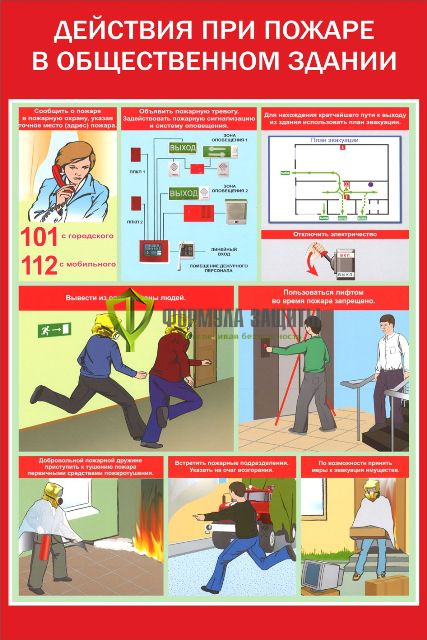 Плакат «Действия при пожаре в общественном здании» от интернет-магазина Формула Защиты