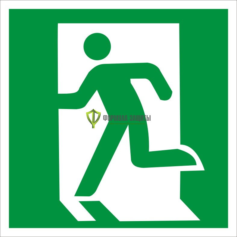 Знак E01-01 «Выход здесь (левосторонний)» (пластик) от интернет-магазина Формула Защиты