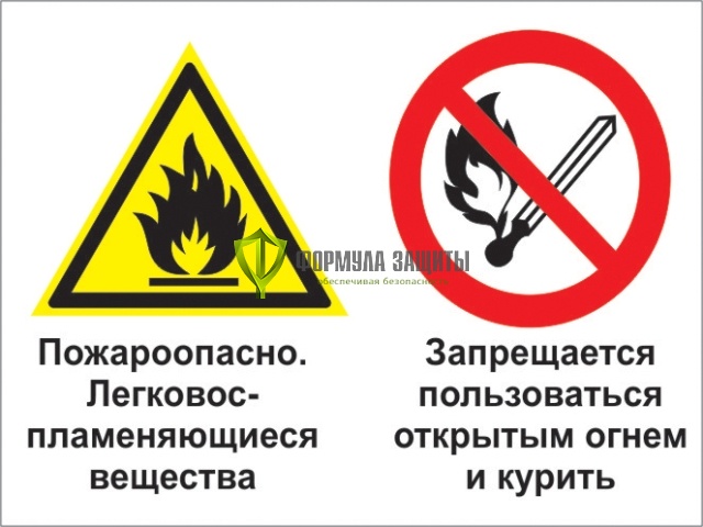 Знак «Пожароопасно - легковоспламеняющиеся вещества. Запрещается пользоваться открытым огнем и курить» (пластик) от интернет-магазина Формула Защиты