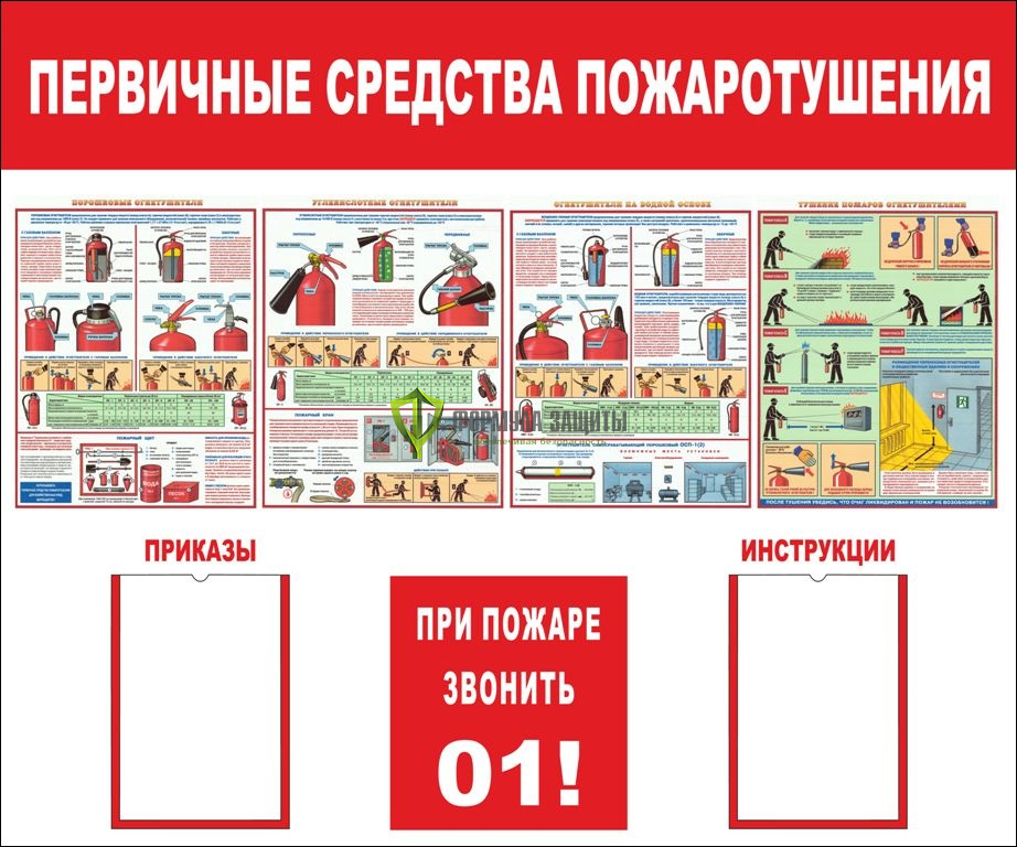 Стенд "Первичные средства пожаротушения" (размер: 1200x1000 мм, карманы: 2 формата А4 плоские) от интернет-магазина Формула Защиты